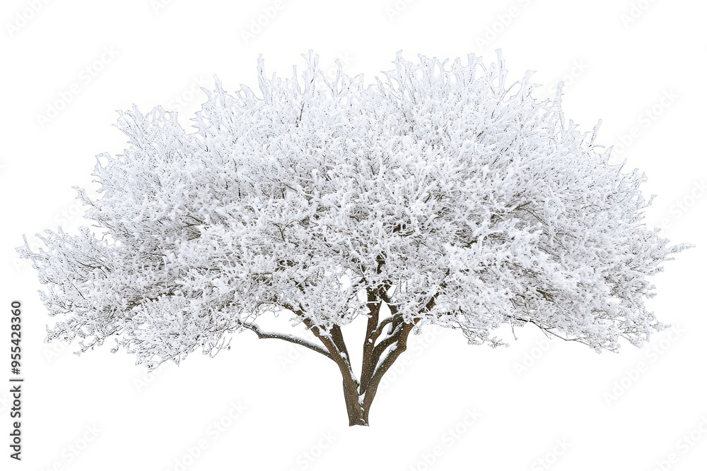 Fototapeta premium A large tree covered in snow, isolated on a white transparent background.