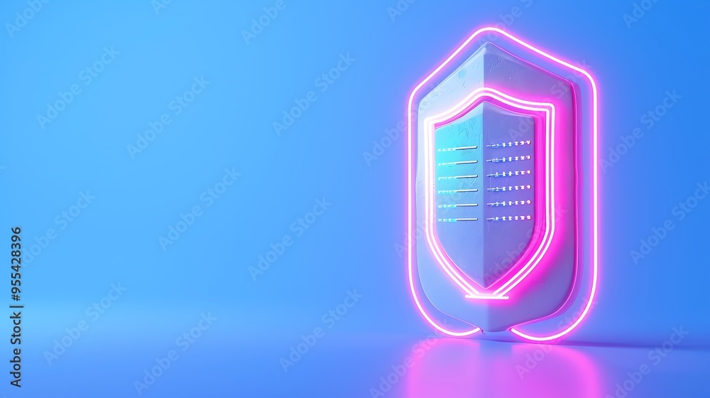 Futuristic neon shield symbolizing cybersecurity, data protection, and digital security on a gradient blue background. Futuristic neon shield symbolizing cybersecurity, data protection, and digital security on a gradient blue background.