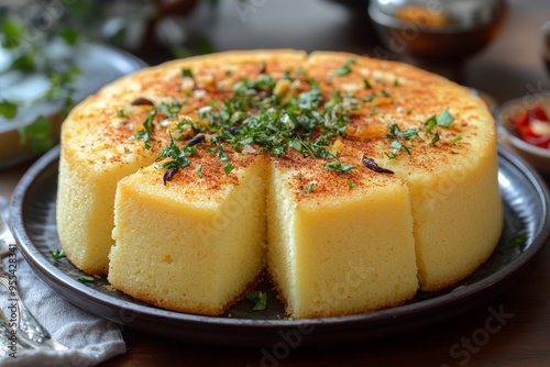 A large, soft, and fluffy steamed dhokla garnished with fresh herbs, offering a traditional and delicious Indian snack, perfect for any occasion.