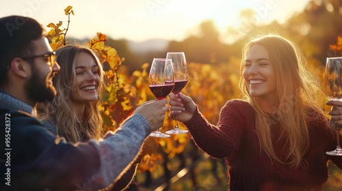 Friends toasting wine in a vineyard, enjoying autumn outdoors.
