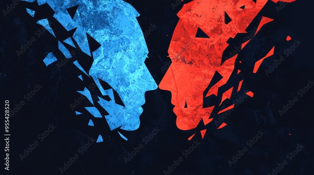 Dynamic split design contrasts red and blue, symbolizing political division between parties