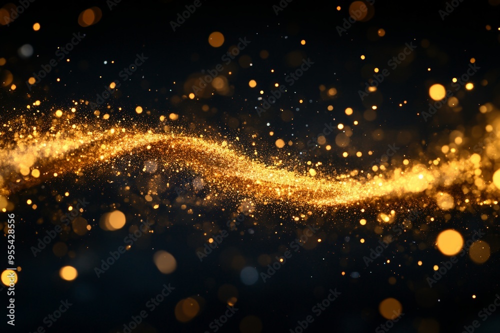 Abstract scene with golden glitter particles floating against a dark background, creating a magical and luxurious atmosphere. Abstract scene with golden glitter particles floating against a dark background, creating a magical and luxurious atmosphere.
