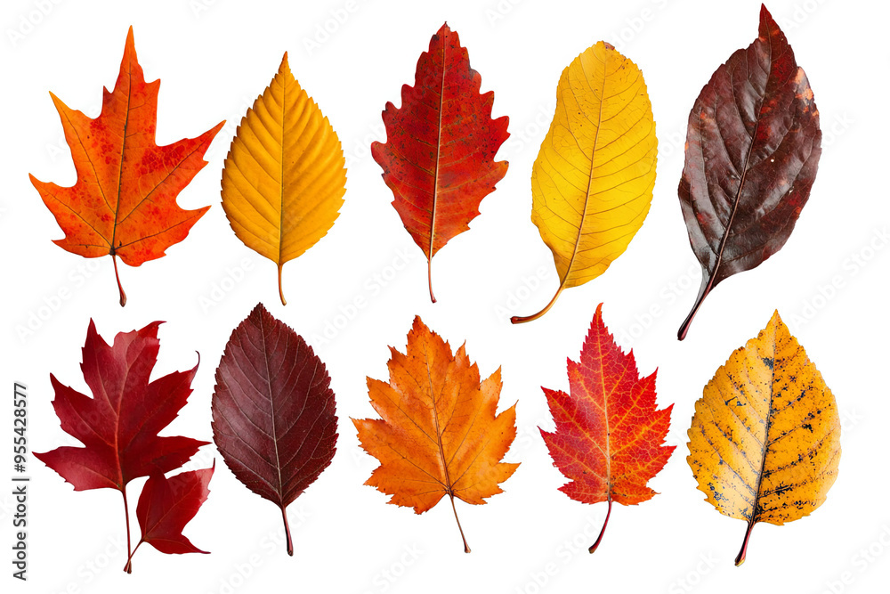 Fototapeta premium A collection of ten autumn leaves in various shades of red, orange, and yellow, isolated on a white transparent background.