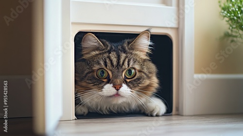 An overweight cat trying to squeeze through a cat door, with its fluffy body hilariously stuck, creating a light-hearted and funny scene. photo