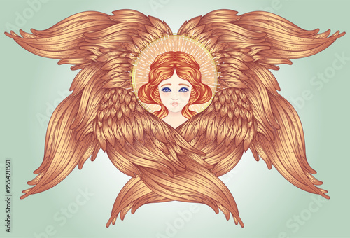 Sirin, Alkonost, Gamayun mythological creature of Russian legends. Angel girl with wings. Isolated hand drawn vector illustration. Trendy Vintage style element. Spirituality, occultism, alchemy, magic