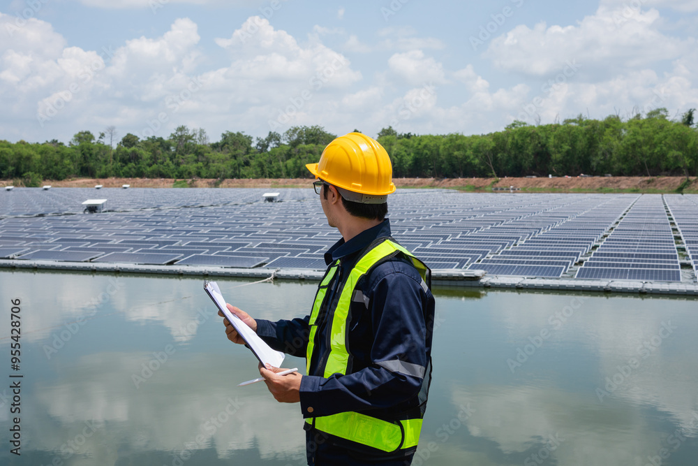 Engineer setting up floating solar panels on a platform in the lake. Worker is on-site, installing and maintaining the floating solar panel system on the water. Engineer setting up floating solar panels on a platform in the lake. Worker is on-site, installing and maintaining the floating solar panel system on the water.