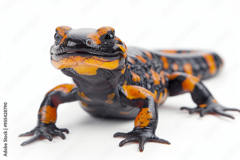 Obraz premium Close up shot black and yellow salamander isolated on white background, Reptile animal concept.