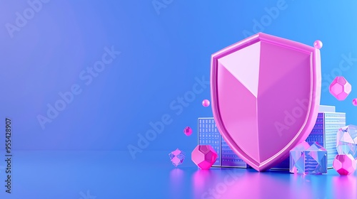 Futuristic pink shield illustration on blue background symbolizing security, protection, and digital safety. 3D render in a technology context.