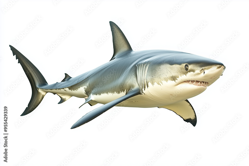 Obraz premium Great white shark isolated on white background, Close up shot alive shark for anatomy lesson.