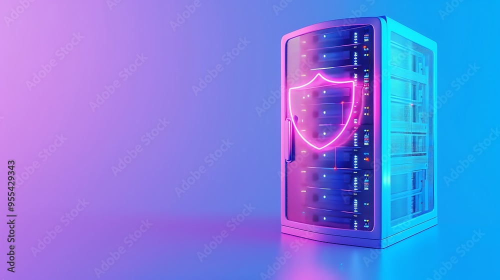 Futuristic server rack with a neon shield symbol, representing cybersecurity and data protection in a blue and purple gradient background.