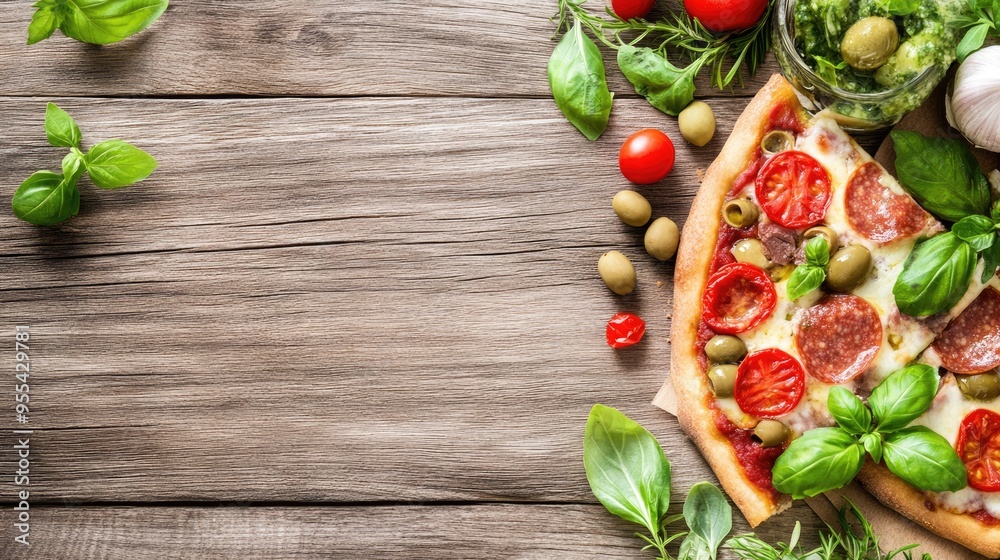 Savor the sight of a freshly made pizza adorned with vibrant tomatoes and fragrant basil, beautifully arranged on a warm wooden surface, ready for enjoyment Savor the sight of a freshly made pizza adorned with vibrant tomatoes and fragrant basil, beautifully arranged on a warm wooden surface, ready for enjoyment