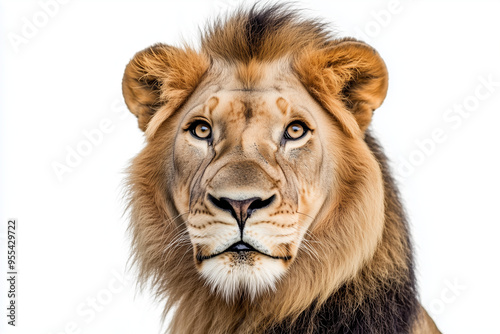 Selective focus elegant lion isolated on white background, Lion with fur collar with safari concept.	 photo