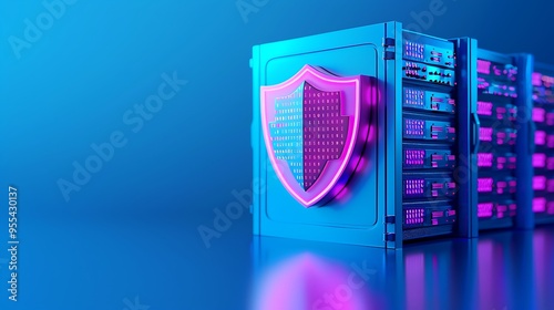 Futuristic server room with bright neon lights and a glowing shield, symbolizing modern cybersecurity and data protection.