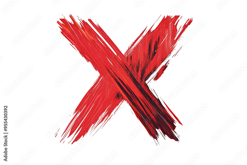 Red brushstroke cross mark on white transparent background. Red brushstroke cross mark on white transparent background.