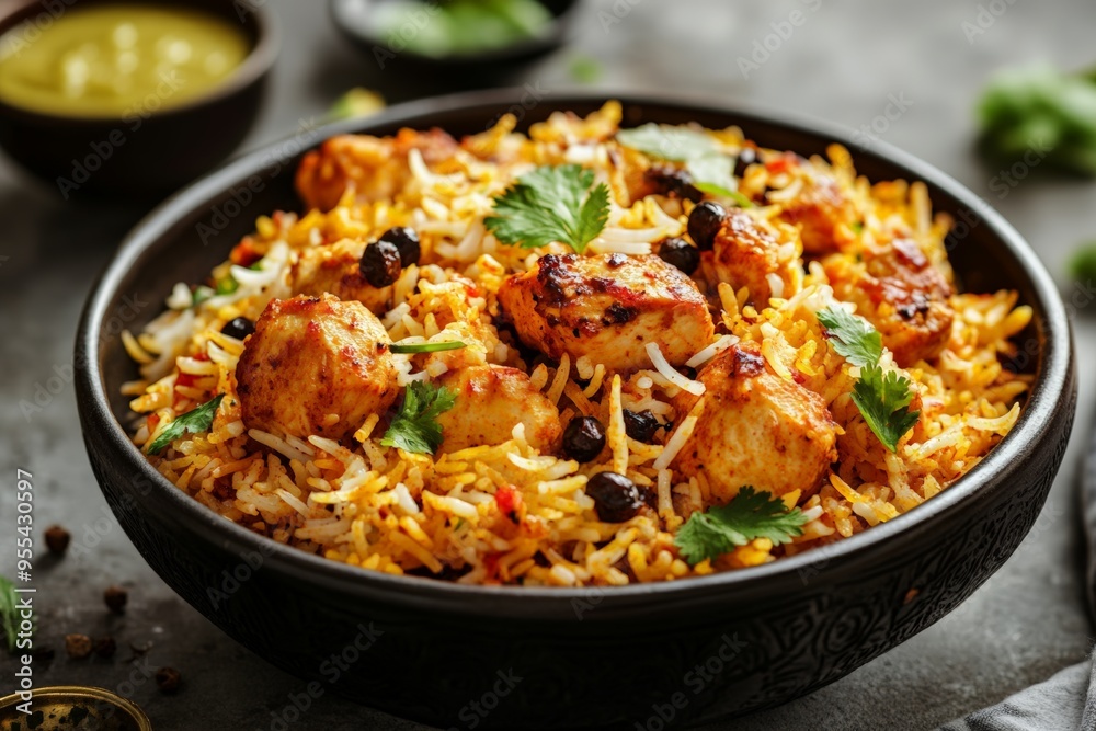 A spicy and colorful chicken biryani dish garnished with fresh herbs and vegetables, featuring tender chicken leg and aromatic spices, served in a traditional black bowl. A spicy and colorful chicken biryani dish garnished with fresh herbs and vegetables, featuring tender chicken leg and aromatic spices, served in a traditional black bowl.