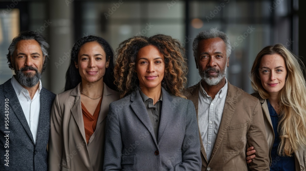 A group of people are posing for a photo, with one woman wearing a necklace A group of people are posing for a photo, with one woman wearing a necklace