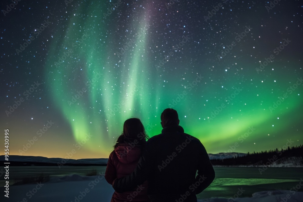 Couple Admiring Northern Lights Under Starry Sky