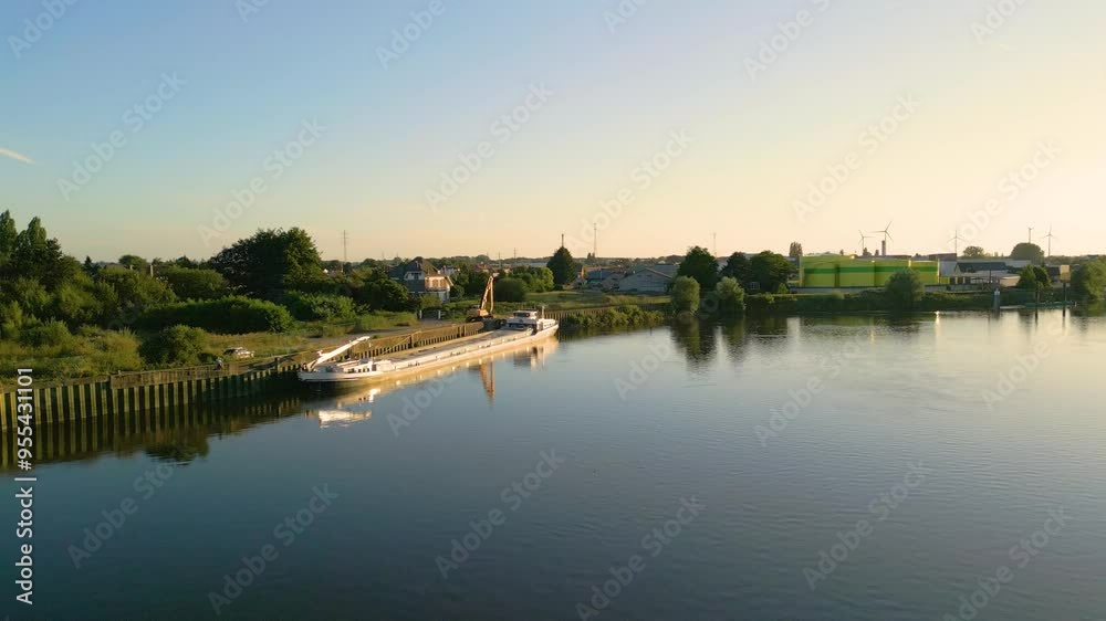aerial shot inland ship freight cargo carrier docked river during golden hour, serene beauty calm water sunset aerial view buggenhout belgium docked ship maritime transportation logistics