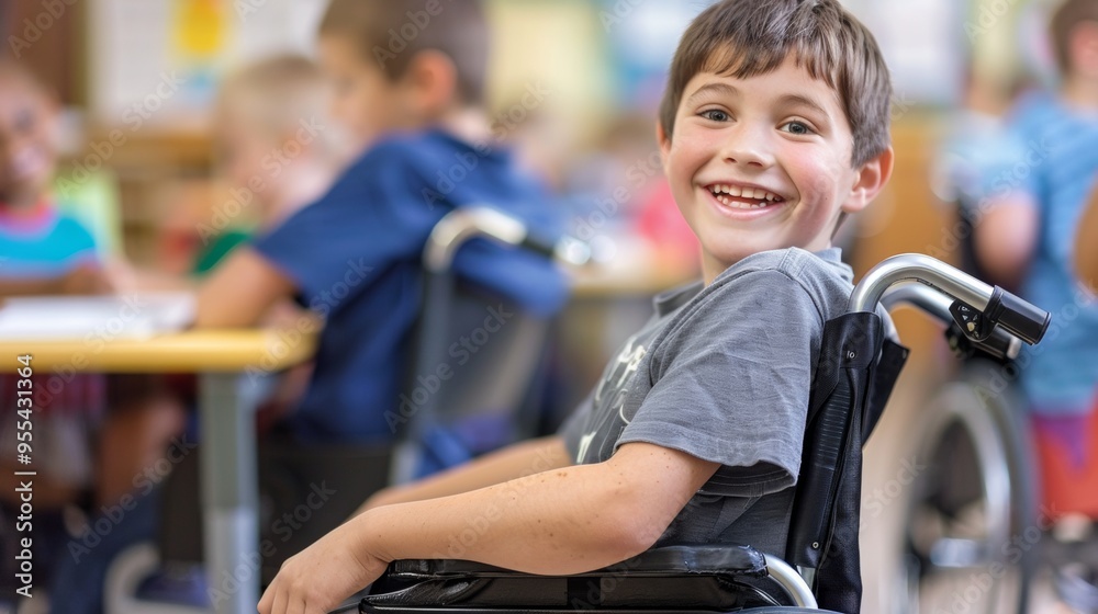 young man in a wheelchair smiling at the camera in a classroom young man in a wheelchair smiling at the camera in a classroom