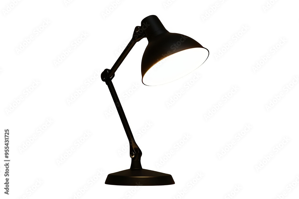 A black desk lamp with a white lightbulb on a white transparent background. A black desk lamp with a white lightbulb on a white transparent background.