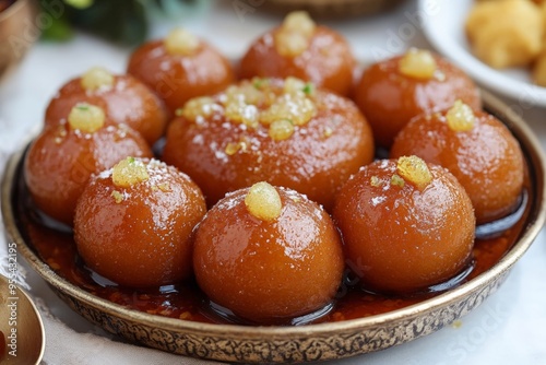 A plate of traditional Indian Gulab Jamun, beautifully garnished with mint leaves and flower petals, offering a sweet and syrupy treat perfect for celebrations.