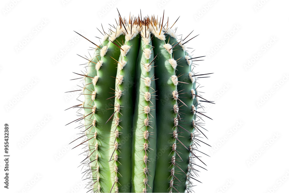 Naklejka premium A close-up of a green cactus with sharp spines against a white transparent background.