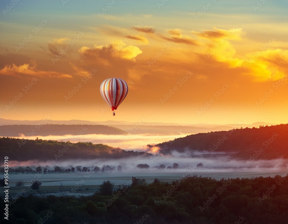 Obraz premium A captivating scene that inspires adventure and exploration, featuring a hot air balloon ascending into the heavens above a picturesque destination.