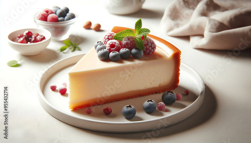 Cheesecake with berries on a plate against a light background. Dessert.