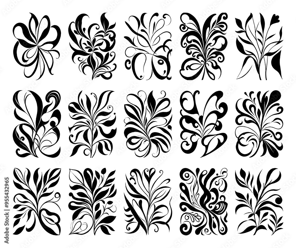 Black and white botanical pattern. For use in graphics, materials. Abstract plant shapes. Minimalist illustration for printing on wall decorations. Black and white botanical pattern. For use in graphics, materials. Abstract plant shapes. Minimalist illustration for printing on wall decorations.