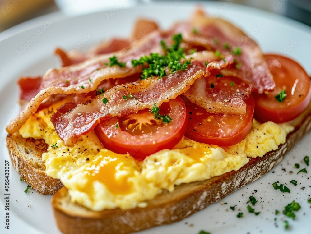 Delicious breakfast with bacon, eggs, and tomatoes on toast Delicious breakfast with bacon, eggs, and tomatoes on toast