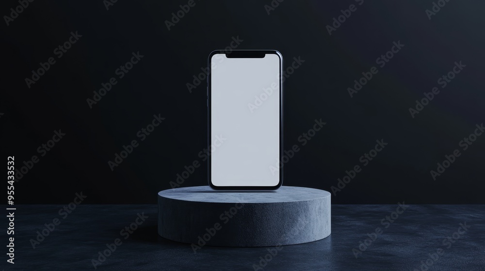 A smartphone on a concrete pedestal against a dark gradient background showcasing modern technology A smartphone on a concrete pedestal against a dark gradient background showcasing modern technology