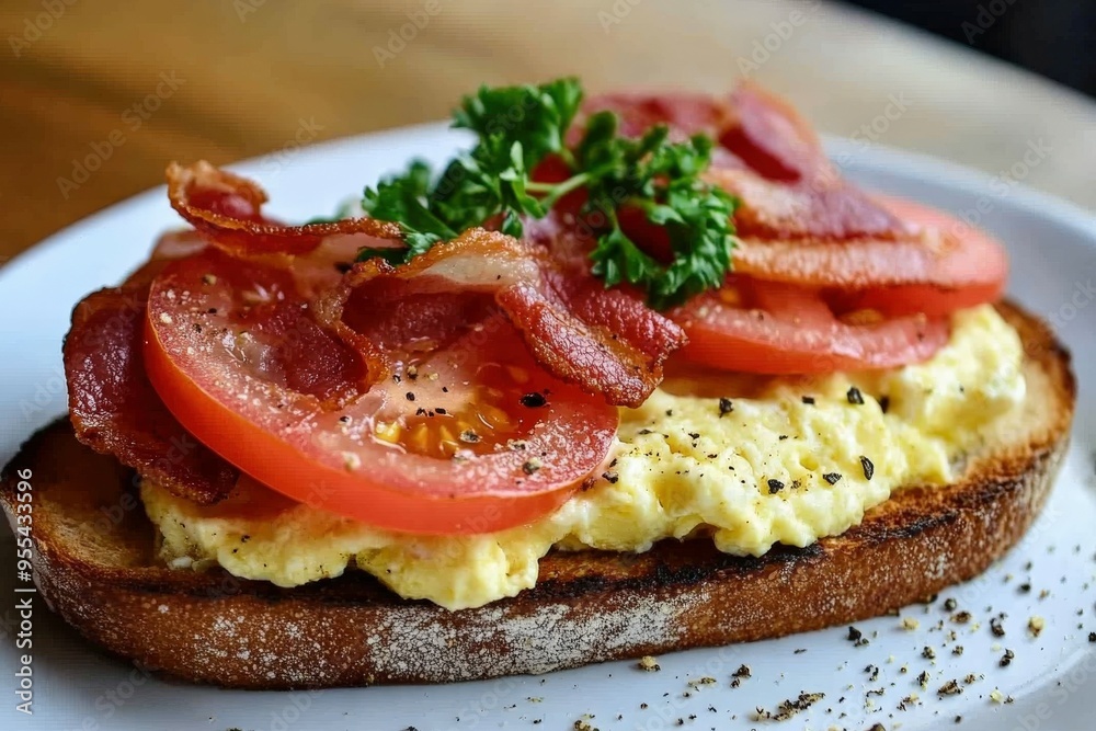 Delicious breakfast of scrambled eggs, bacon, and tomatoes on toast Delicious breakfast of scrambled eggs, bacon, and tomatoes on toast