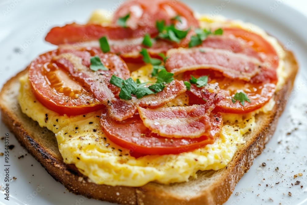 Delicious breakfast toast topped with bacon and tomatoes in the kitchen