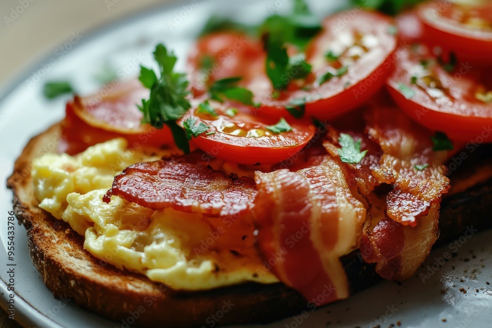 Breakfast toast topped with bacon, scrambled eggs, and tomatoes Breakfast toast topped with bacon, scrambled eggs, and tomatoes