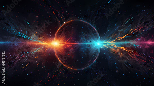 An abstract digital illustration representing positive and negative ions in a cosmic field, with vibrant electric arcs and glowing particles, creating a sense of energy flow and balance