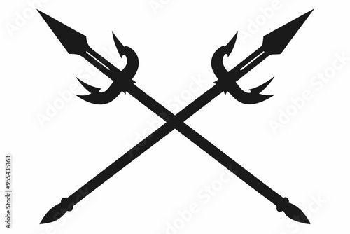 Poseidon tridents icon, Crossed harpoons silhouette vector

