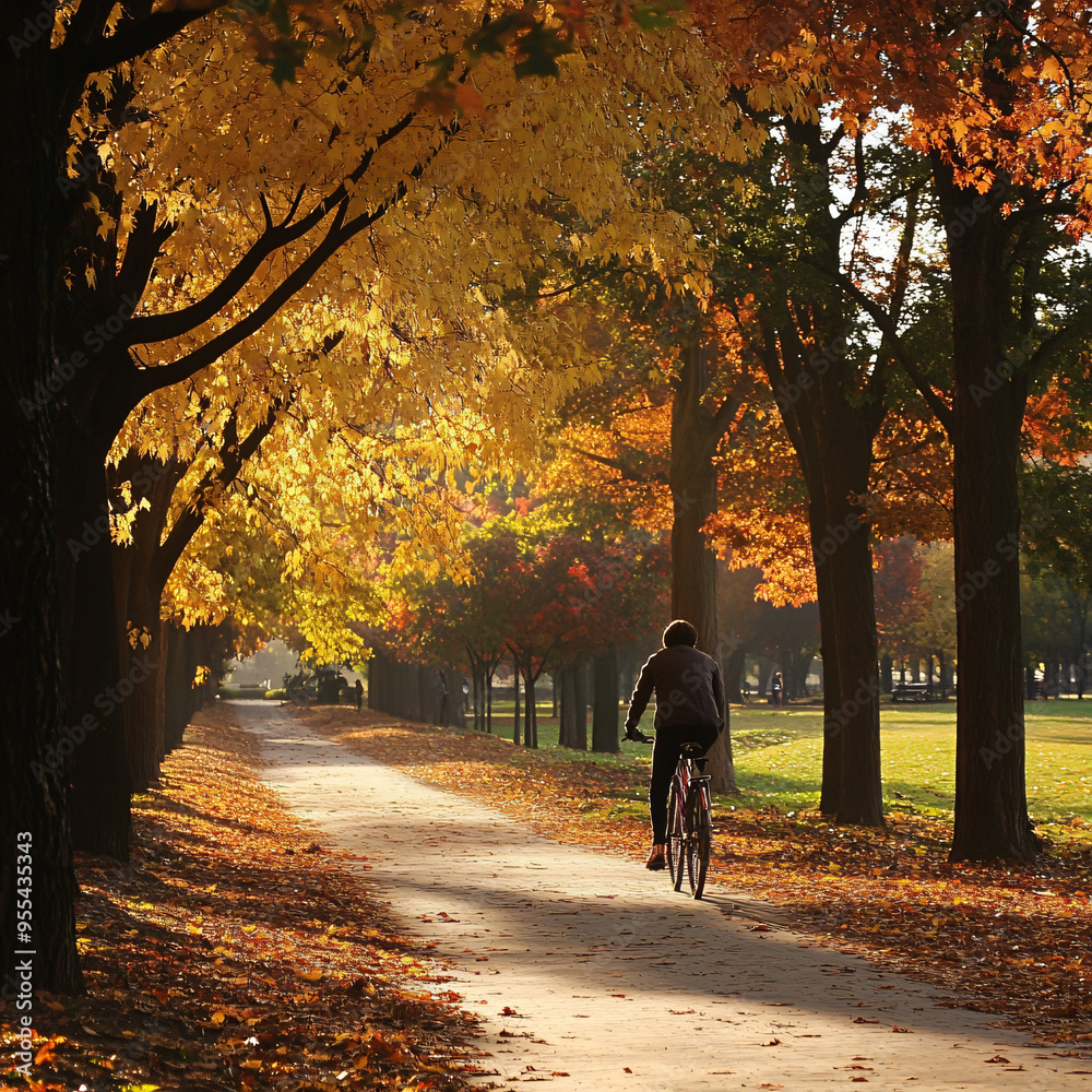 Obraz premium A person riding a bicycle through an autumn park. A person riding a bicycle through an autumn park. 
