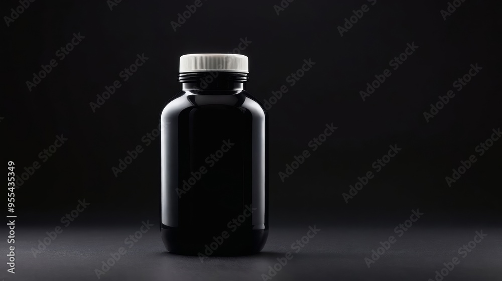 Black Bottle With White Cap on Black Background Black Bottle With White Cap on Black Background