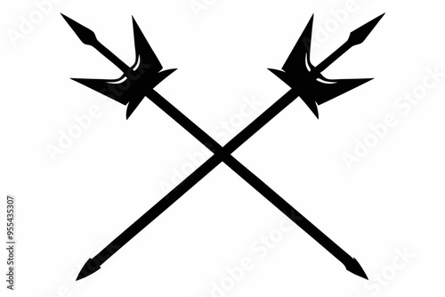 Poseidon tridents icon, Crossed harpoons silhouette vector

