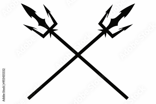 Poseidon tridents icon, Crossed harpoons silhouette vector

