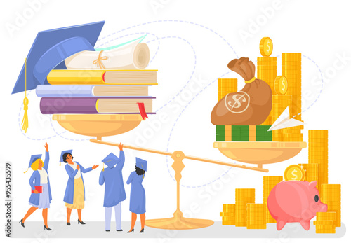 Mortarboard students wearing academic cap and gown comparing education cost and investment on libra weights vector illustration