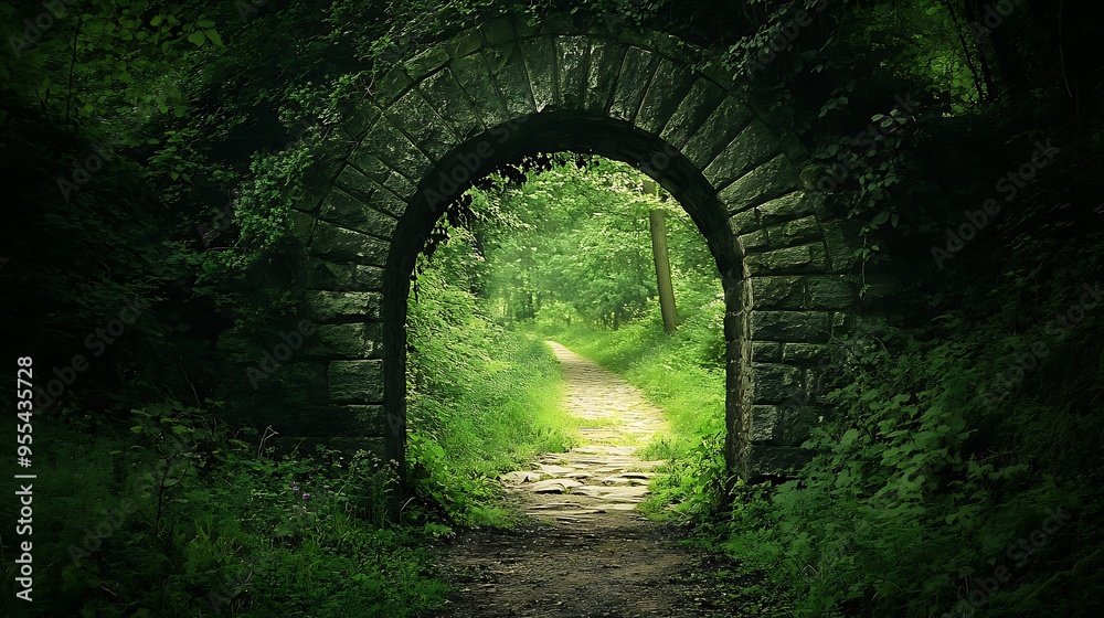 A stone archway in a forest, sunlight streams through the trees, creating a path leading into the woods. A stone archway in a forest, sunlight streams through the trees, creating a path leading into the woods.