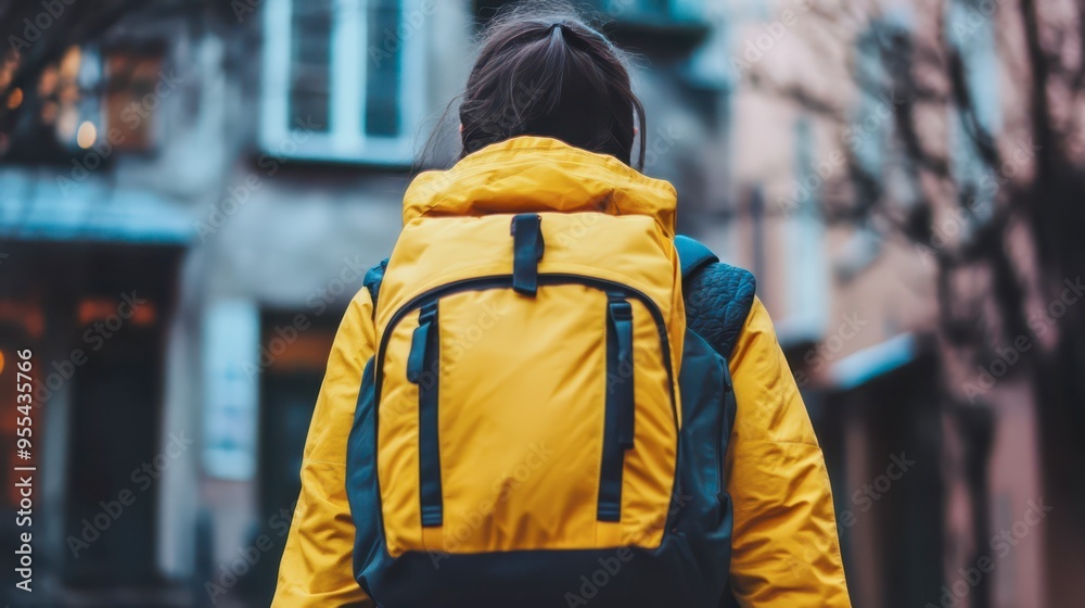 Young person wearing a yellow jacket walks through a city neighborhood Young person wearing a yellow jacket walks through a city neighborhood