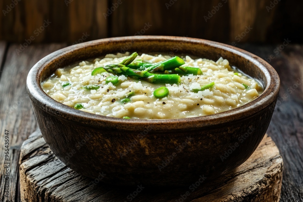 Asparagus and Parmesan Risotto in a Rustic Bowl Asparagus and Parmesan Risotto in a Rustic Bowl