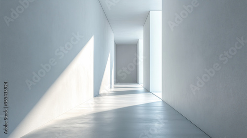 A long, narrow hallway with a white wall and a white floor