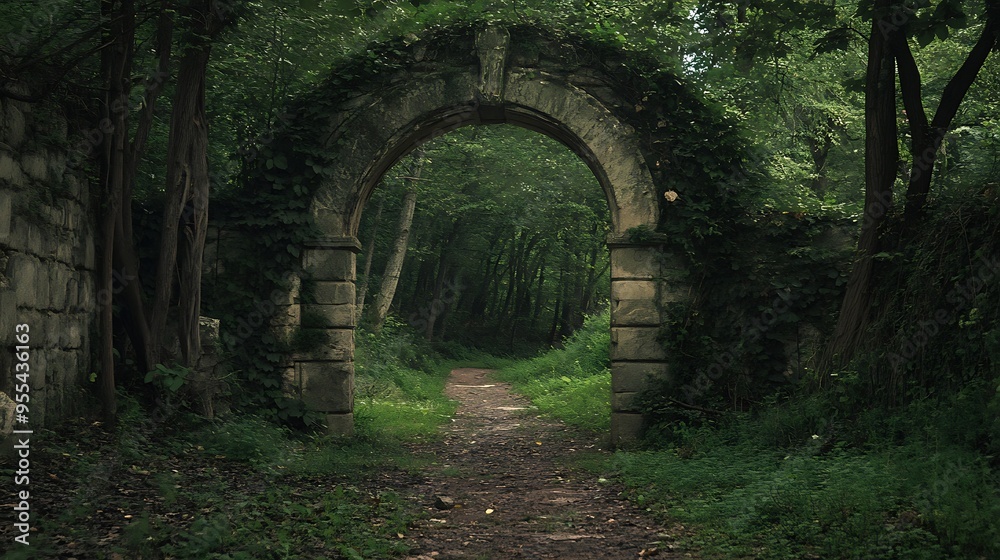 A stone archway overgrown with vines leads into a dense, mysterious forest. A stone archway overgrown with vines leads into a dense, mysterious forest.