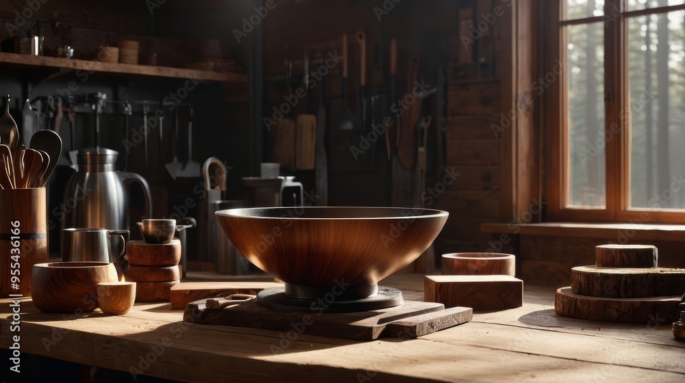 Wooden Table With Multiple Wooden Bowls Wooden Table With Multiple Wooden Bowls