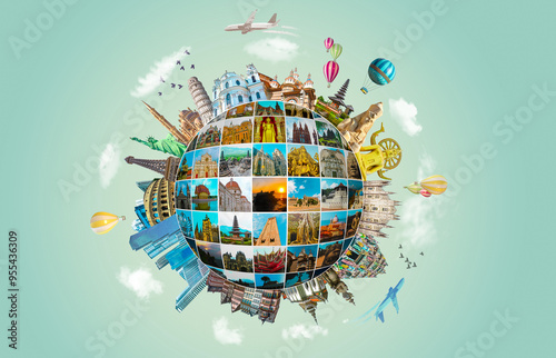 World religious and architecture monuments- collage or globe from different religions from Asia, Africa and Europe. Travel and tourism with famous world landmarks. photo