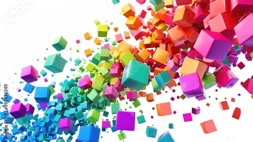 Abstract chaotic and energetic of mixed dust explode with square object, burst of broken colorful cube pattern scattering. Dynamic movement of vivid blocks convey sense of power and creativity. AIG53.