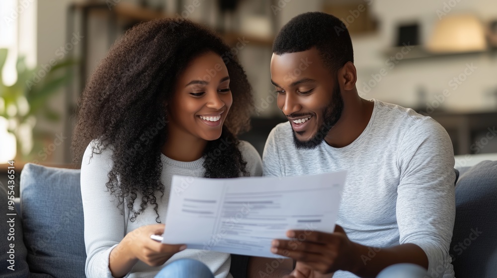 A couple reviews important documents together in their cozy living room during the afternoon A couple reviews important documents together in their cozy living room during the afternoon